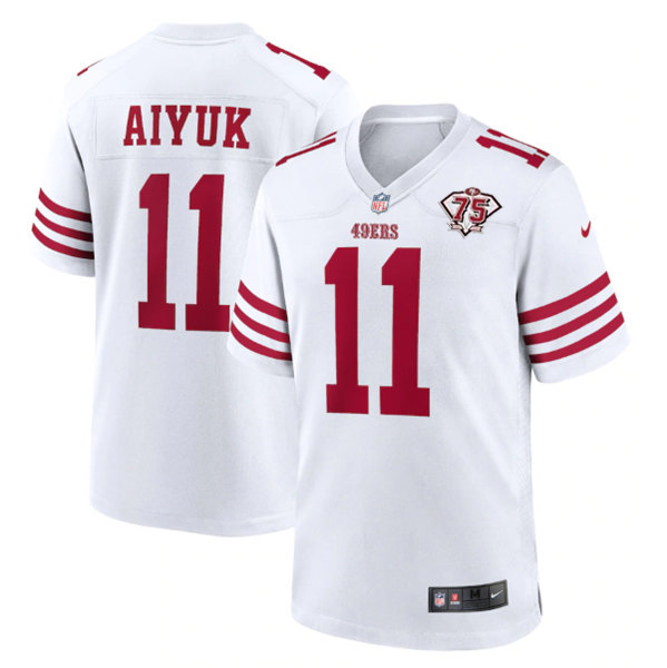 Men's San Francisco 49ers #11 Brandon Aiyuk 2022 New White With 75th anniverseray patch Stitched Game Jersey Men's San Francisco 49ers #11 Brandon Aiyuk 2022 New White With 75th anniverseray patch Stitched Game Jersey